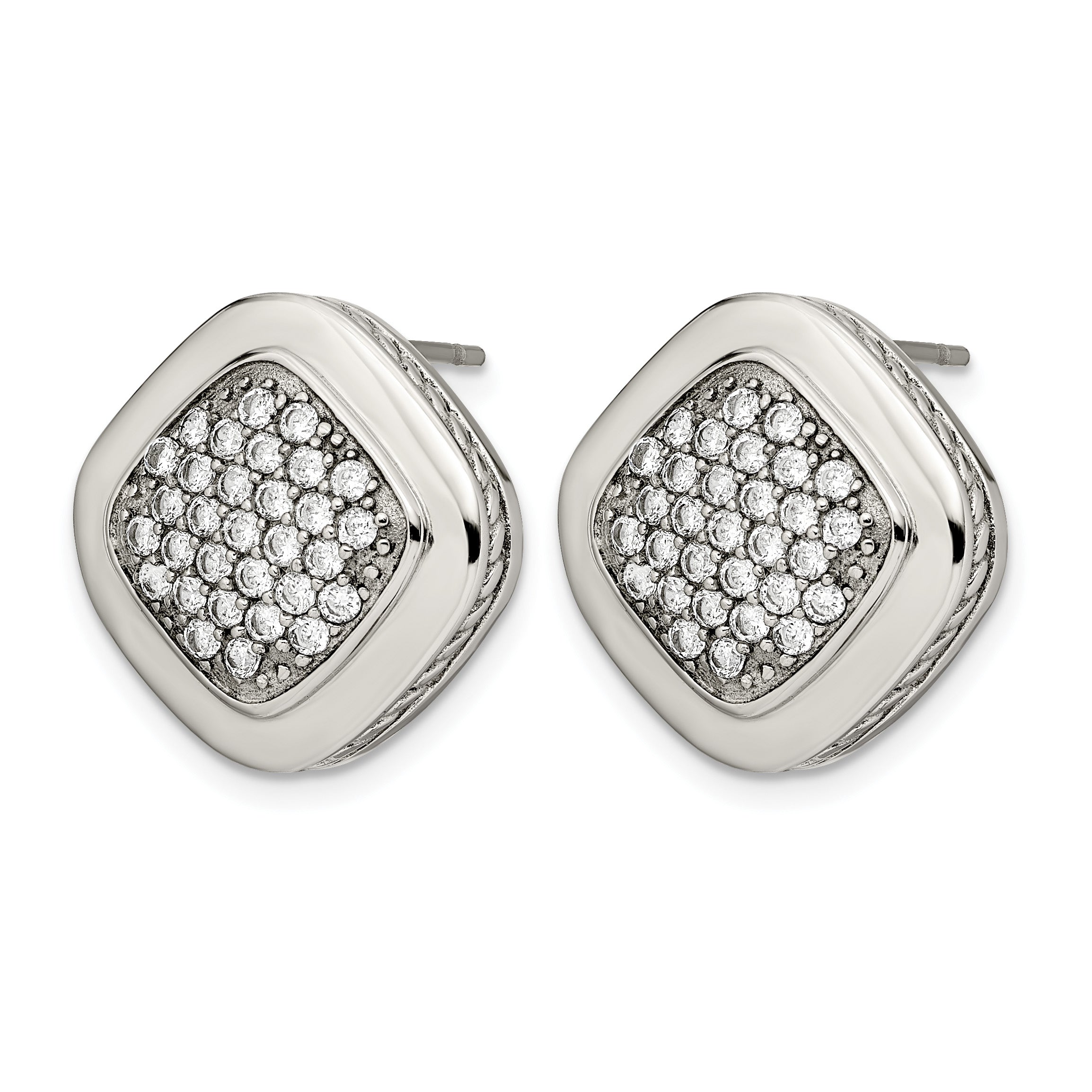 Stainless Steel Polished Square Cubic Zirconia Cluster Button Earrings for Women