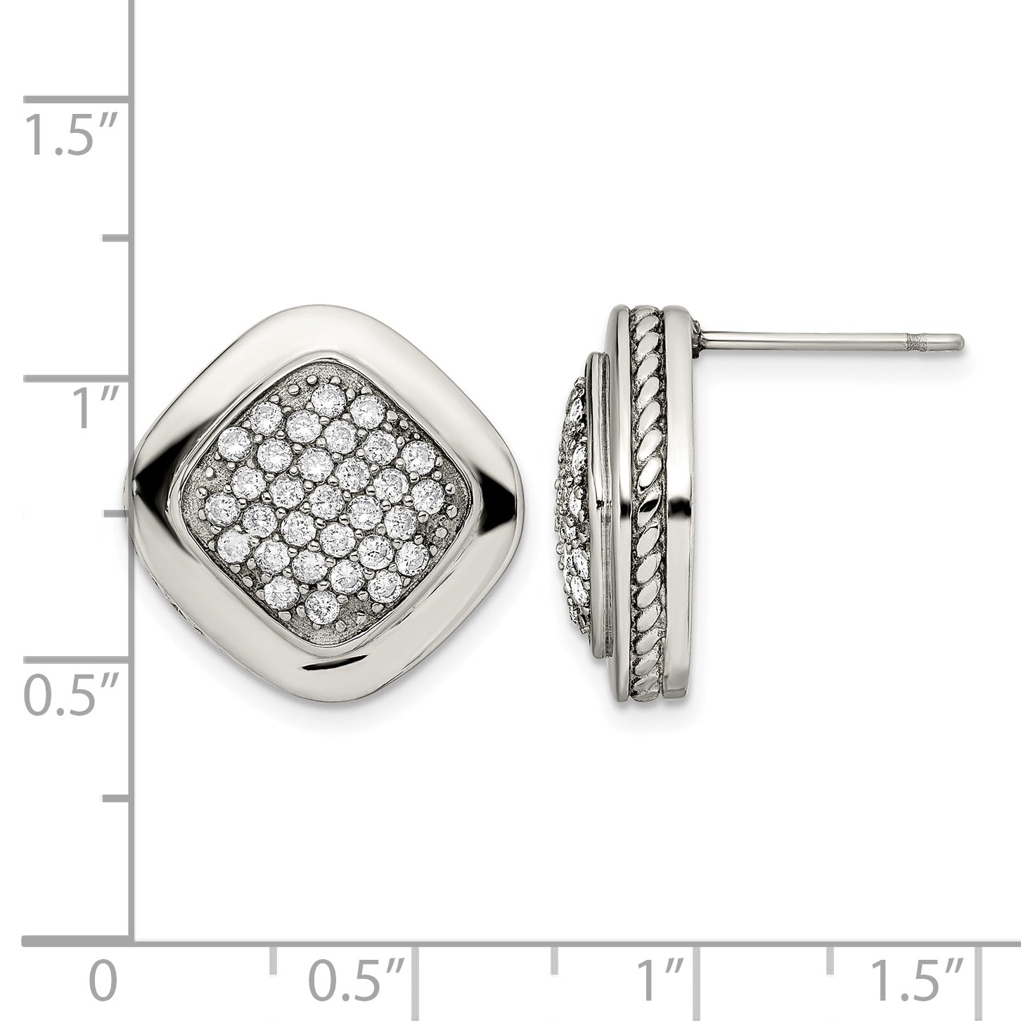 Stainless Steel Polished Square Cubic Zirconia Cluster Button Earrings for Women