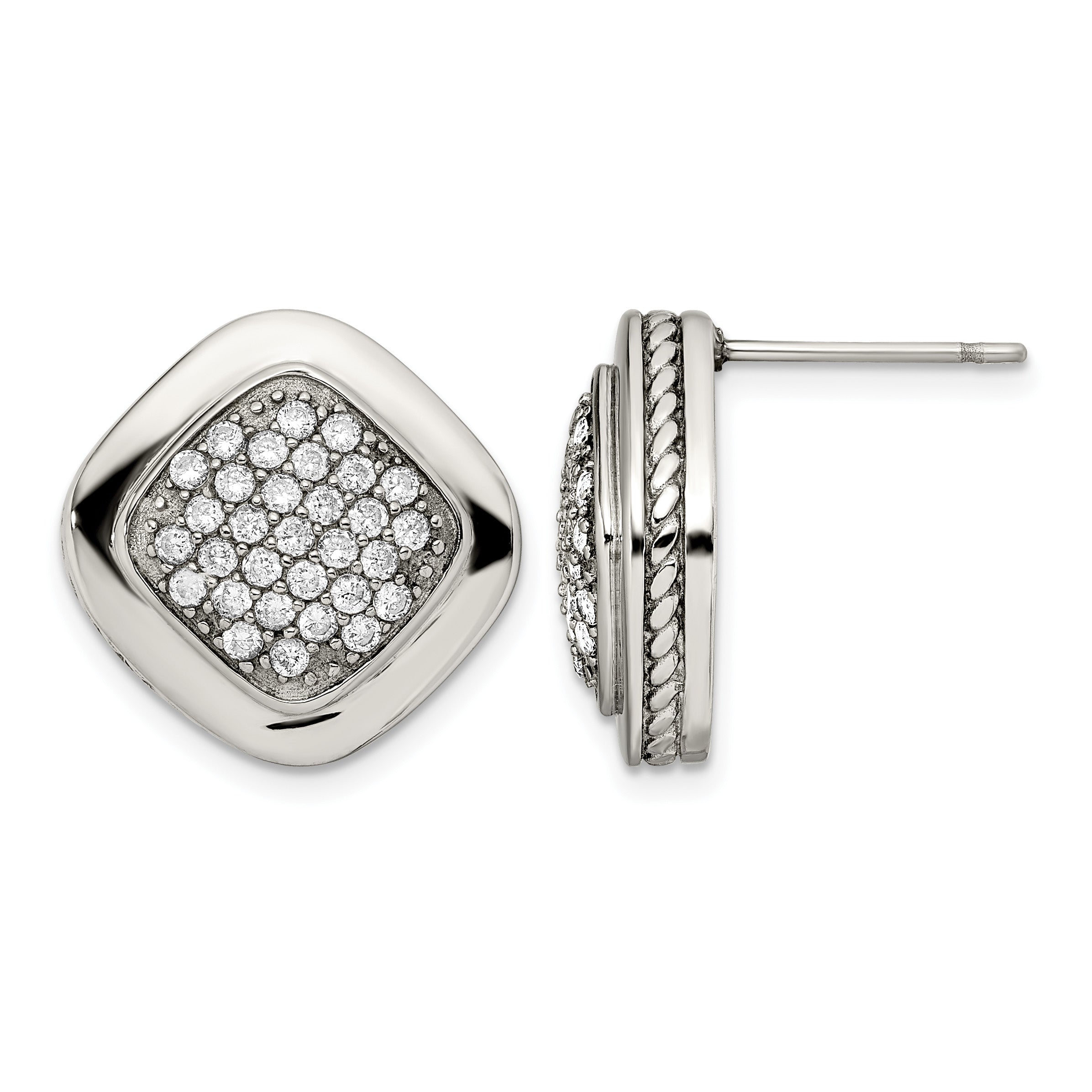 Stainless Steel Polished Square Cubic Zirconia Cluster Button Earrings for Women Main image