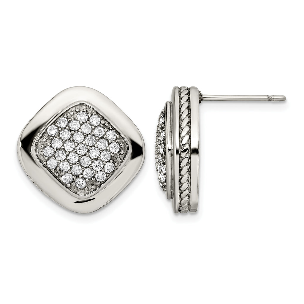 Stainless Steel Polished Square Cubic Zirconia Cluster Button Earrings for Women