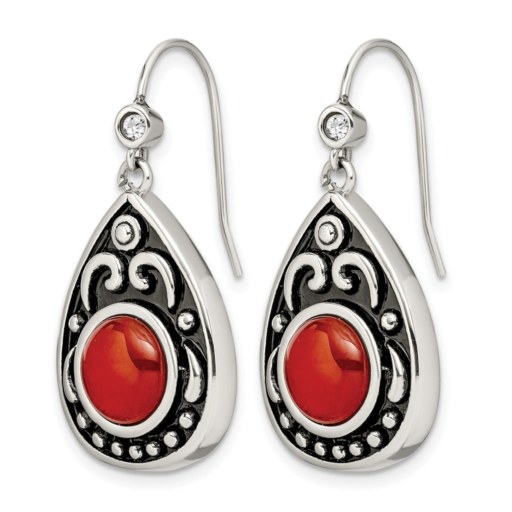 Stainless Steel Polished & Antiqued Red Cubic Zirconia Drop Dangle Earrings for Women