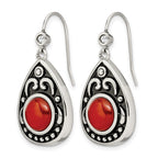 Stainless Steel Polished & Antiqued Red Cubic Zirconia Drop Dangle Earrings for Women