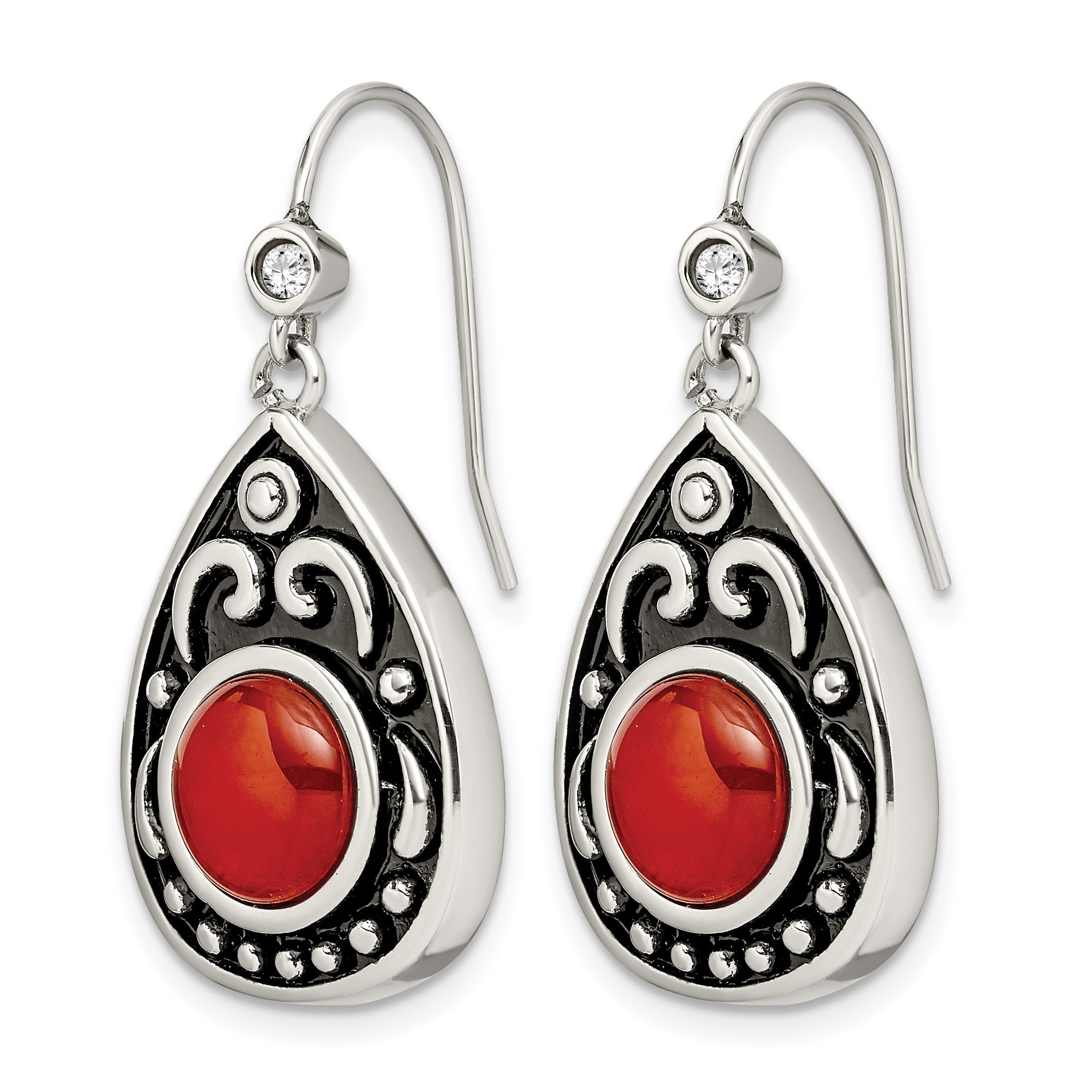 Stainless Steel Polished & Antiqued Red Cubic Zirconia Drop Dangle Earrings for Women