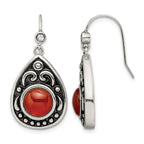 Stainless Steel Polished & Antiqued Red Cubic Zirconia Drop Dangle Earrings for Women