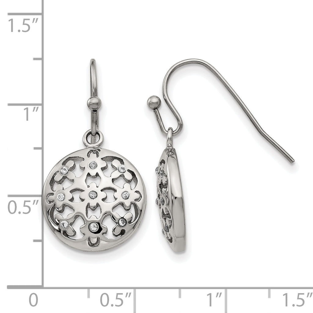 Stainless Steel Polished Flower Cubic Zirconia Drop Dangle Earrings for Women