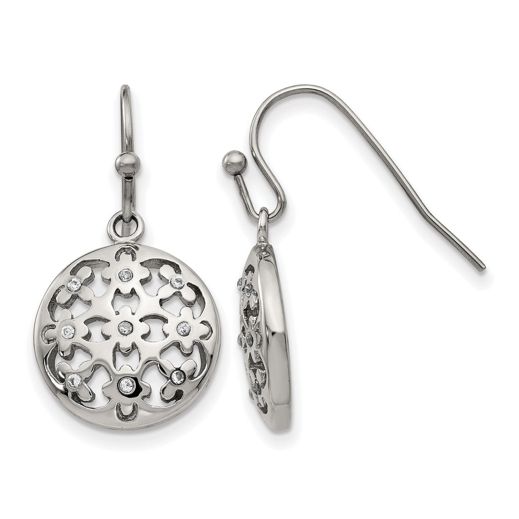 Stainless Steel Polished Flower Cubic Zirconia Drop Dangle Earrings for Women