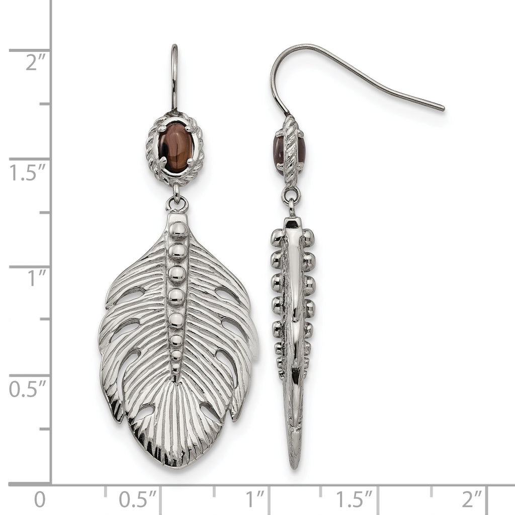 Stainless Steel Polished Textured Smoky Quartz Drop Dangle Earrings for Women