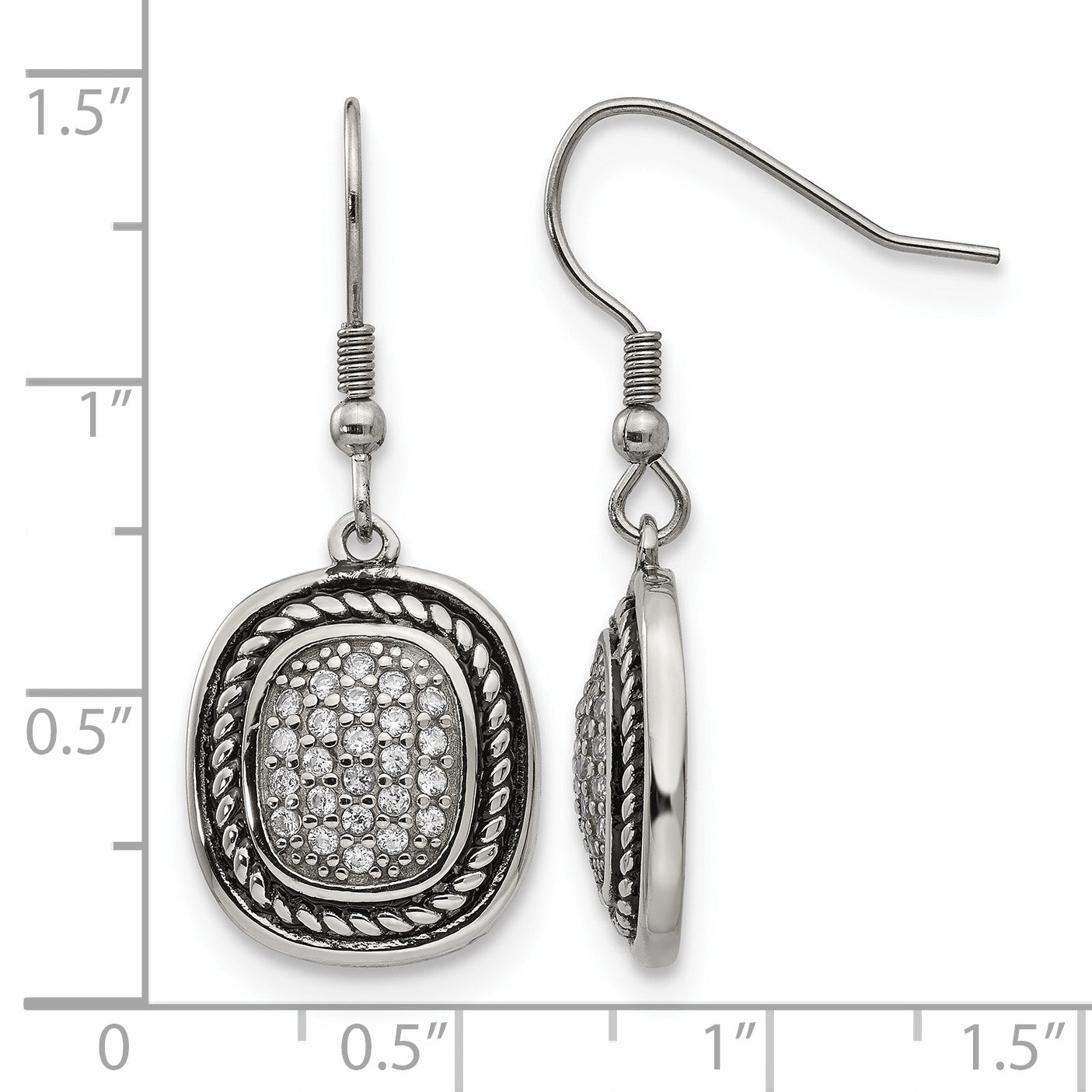 Stainless Steel Polished & Antiqued Cubic Zirconia Drop Dangle Earrings for Women