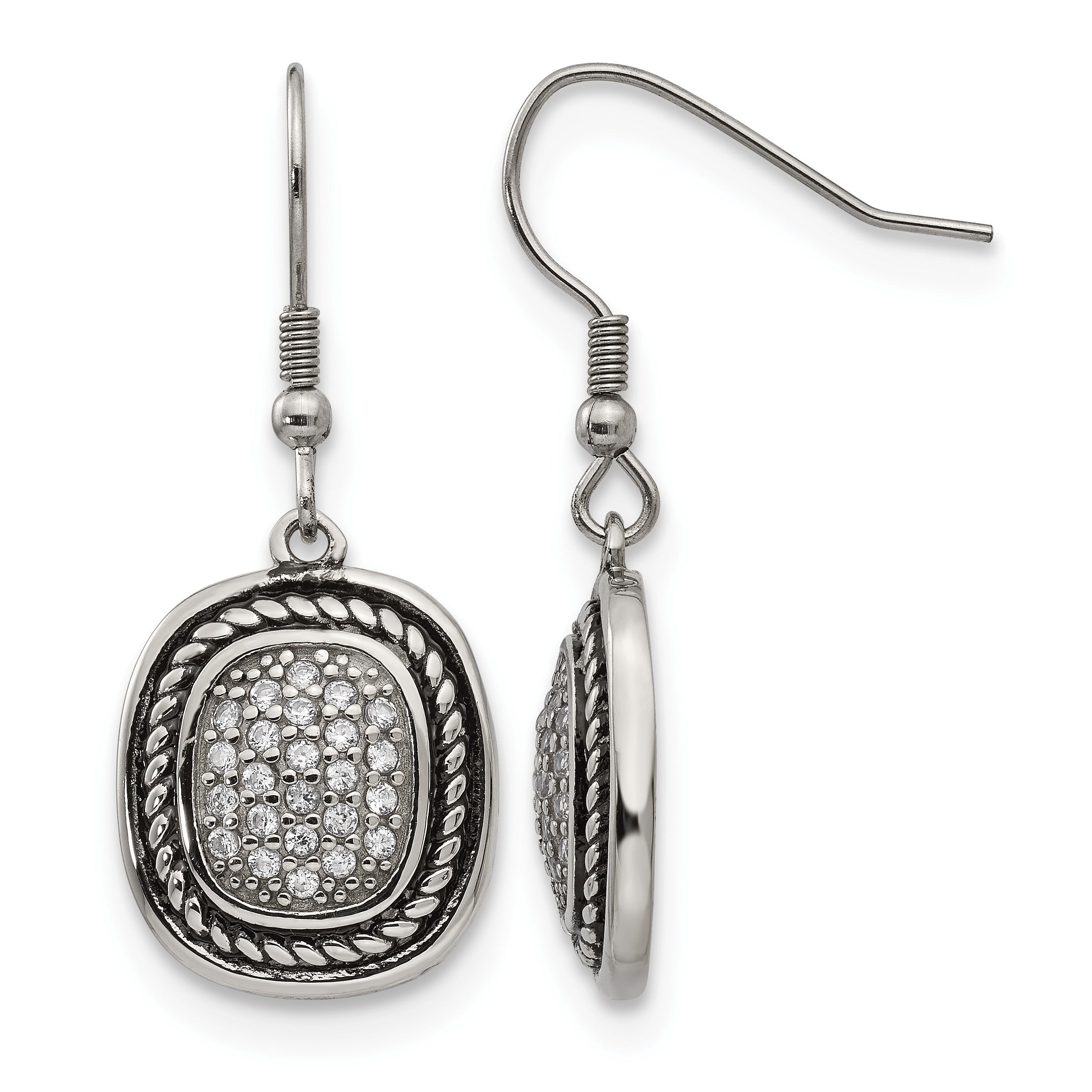 Stainless Steel Polished & Antiqued Cubic Zirconia Drop Dangle Earrings for Women