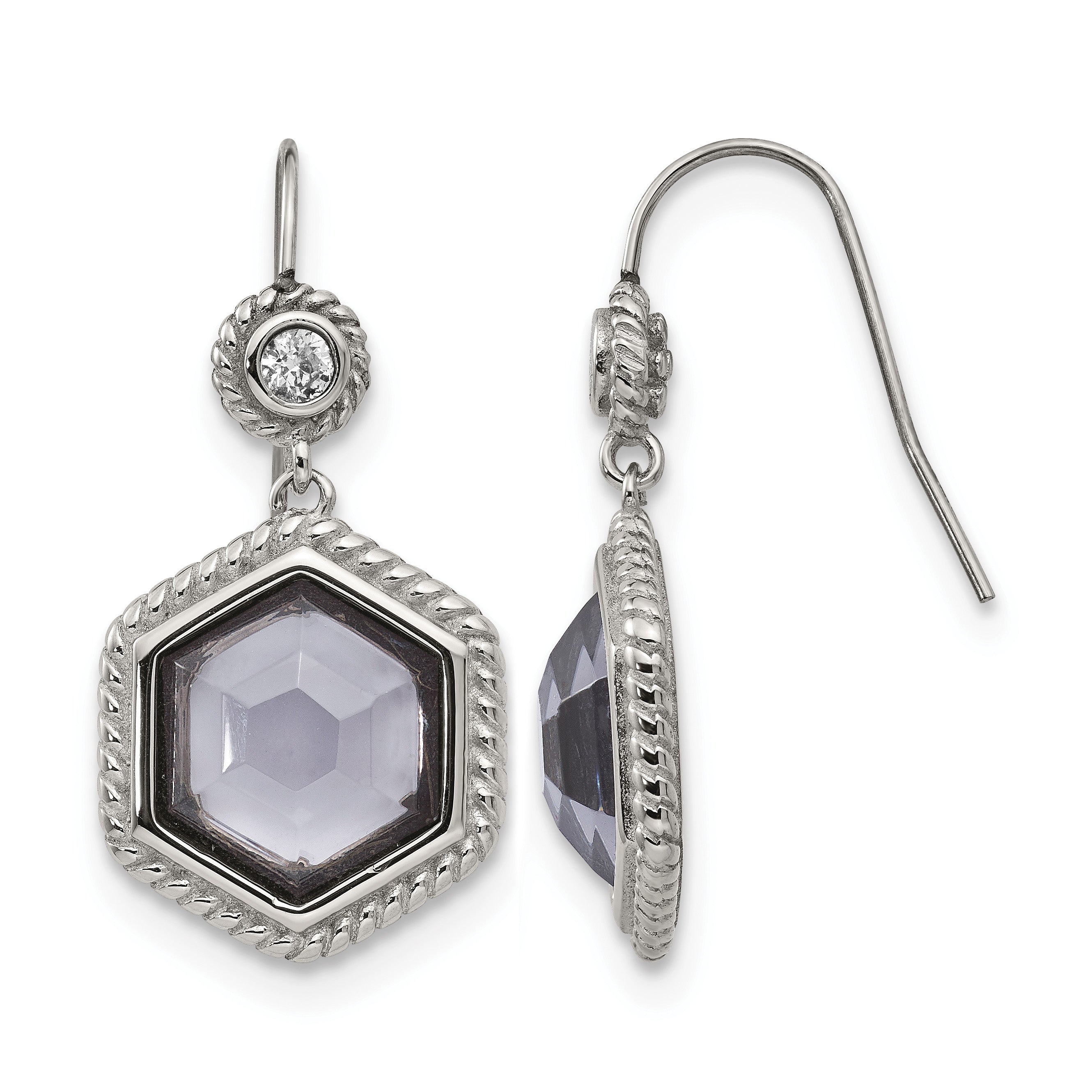 Stainless Steel Polished & Antiqued Cubic Zirconia Drop Dangle Earrings for Women