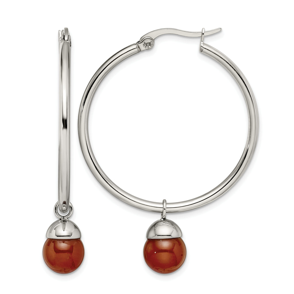Stainless Steel Polished Red Agate Hoop Earrings for Women