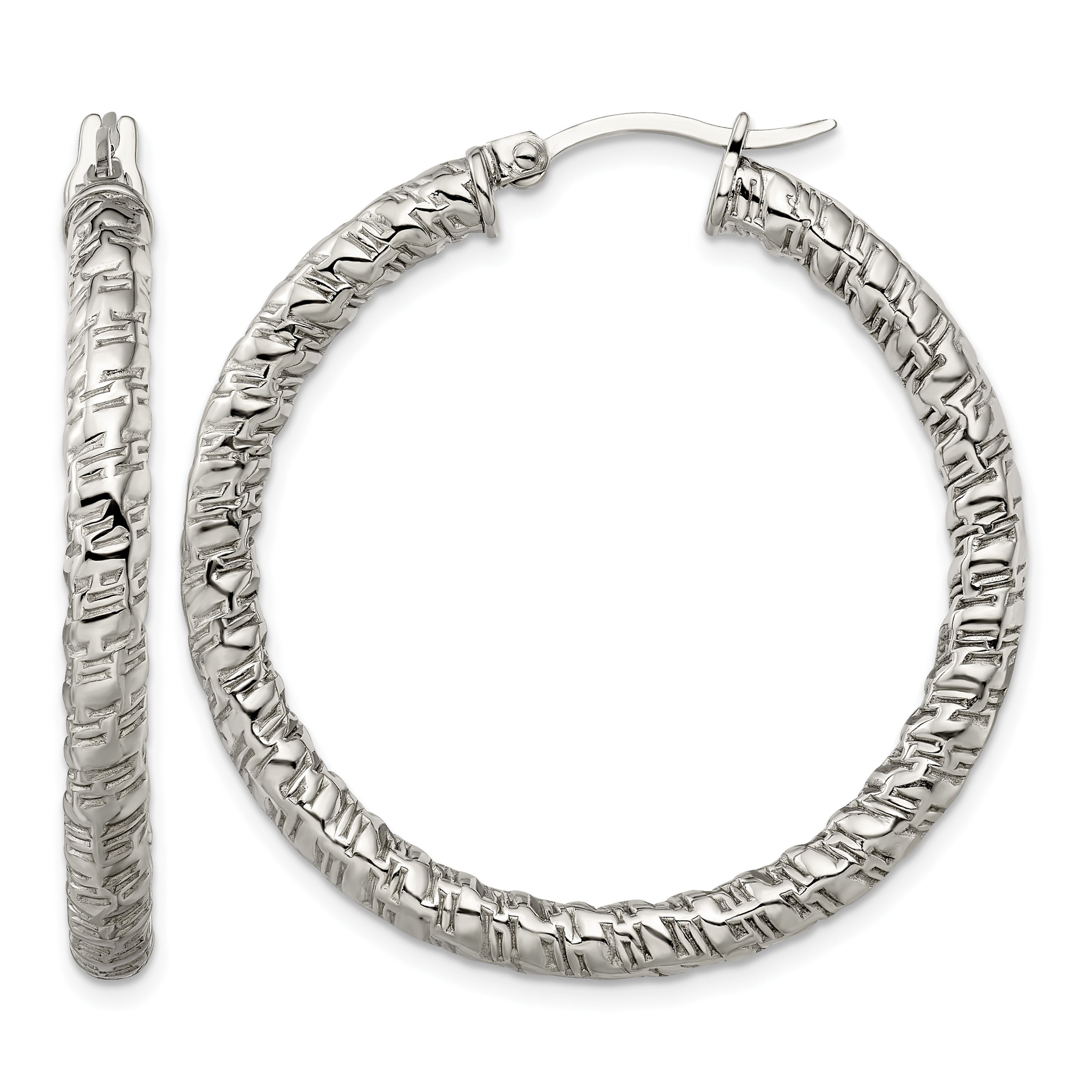 Stainless Steel Polished Textured Hoop Earrings for Women