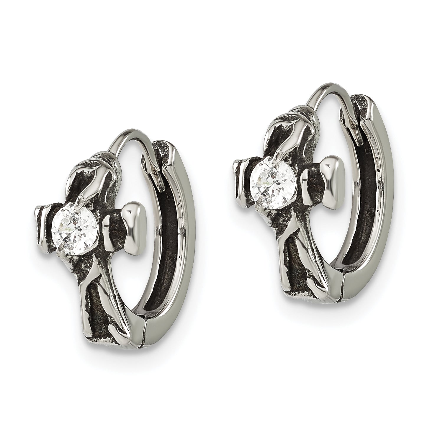 Stainless Steel Polished & Antiqued Hinged Cross Cubic Zirconia Huggie Hoop Earrings for Women