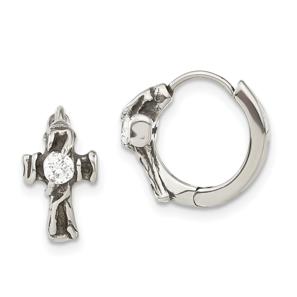 Stainless Steel Polished & Antiqued Hinged Cross Cubic Zirconia Huggie Hoop Earrings for Women
