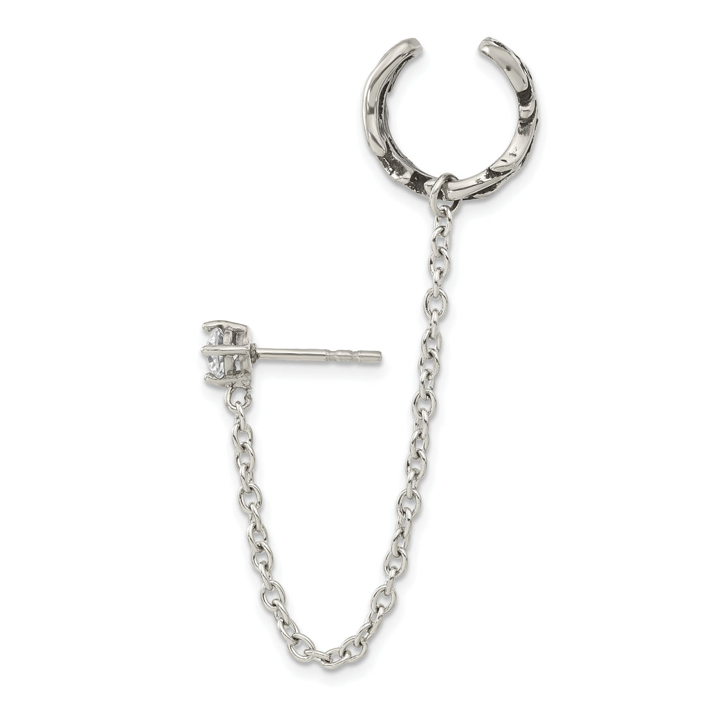 Stainless Steel Polished & Antiqued Cubic Zirconia Ear Climber Earrings for Women