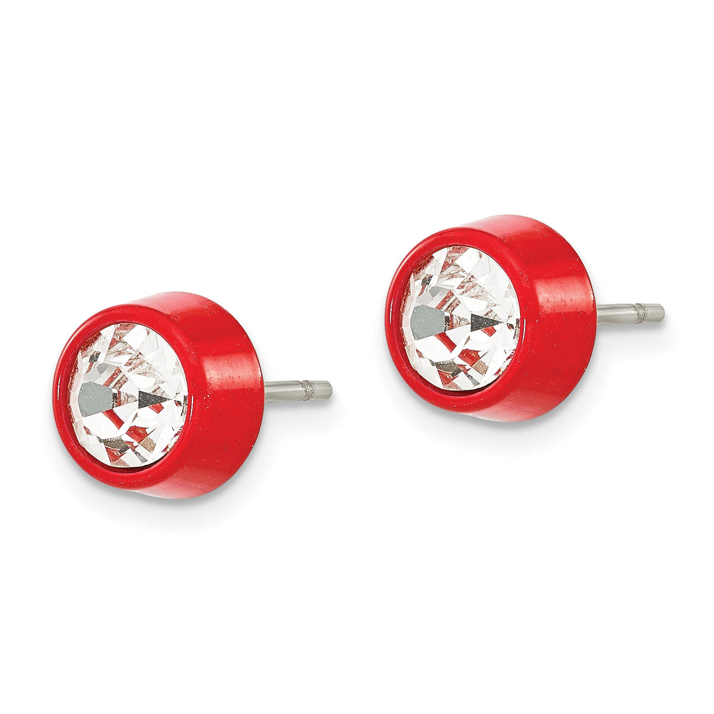 Stainless Steel Red Polished Crystal Button Earrings