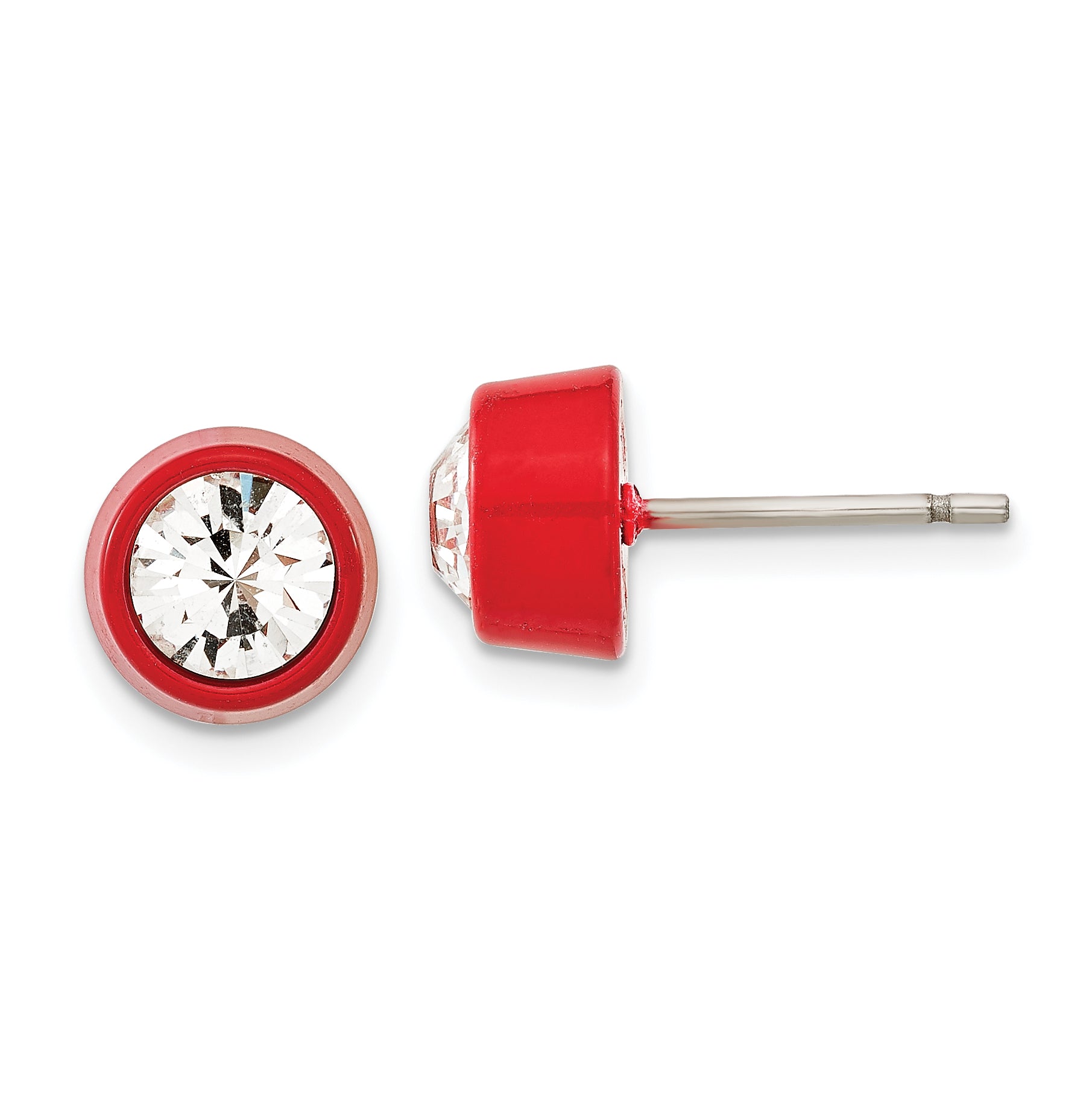 Stainless Steel Red Polished Crystal Button Earrings