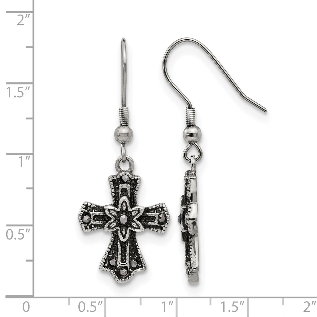 Stainless Steel Polished & Antiqued Cross Black Crystal Drop Dangle Earrings for Women