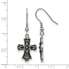 Stainless Steel Polished & Antiqued Cross Black Crystal Drop Dangle Earrings for Women