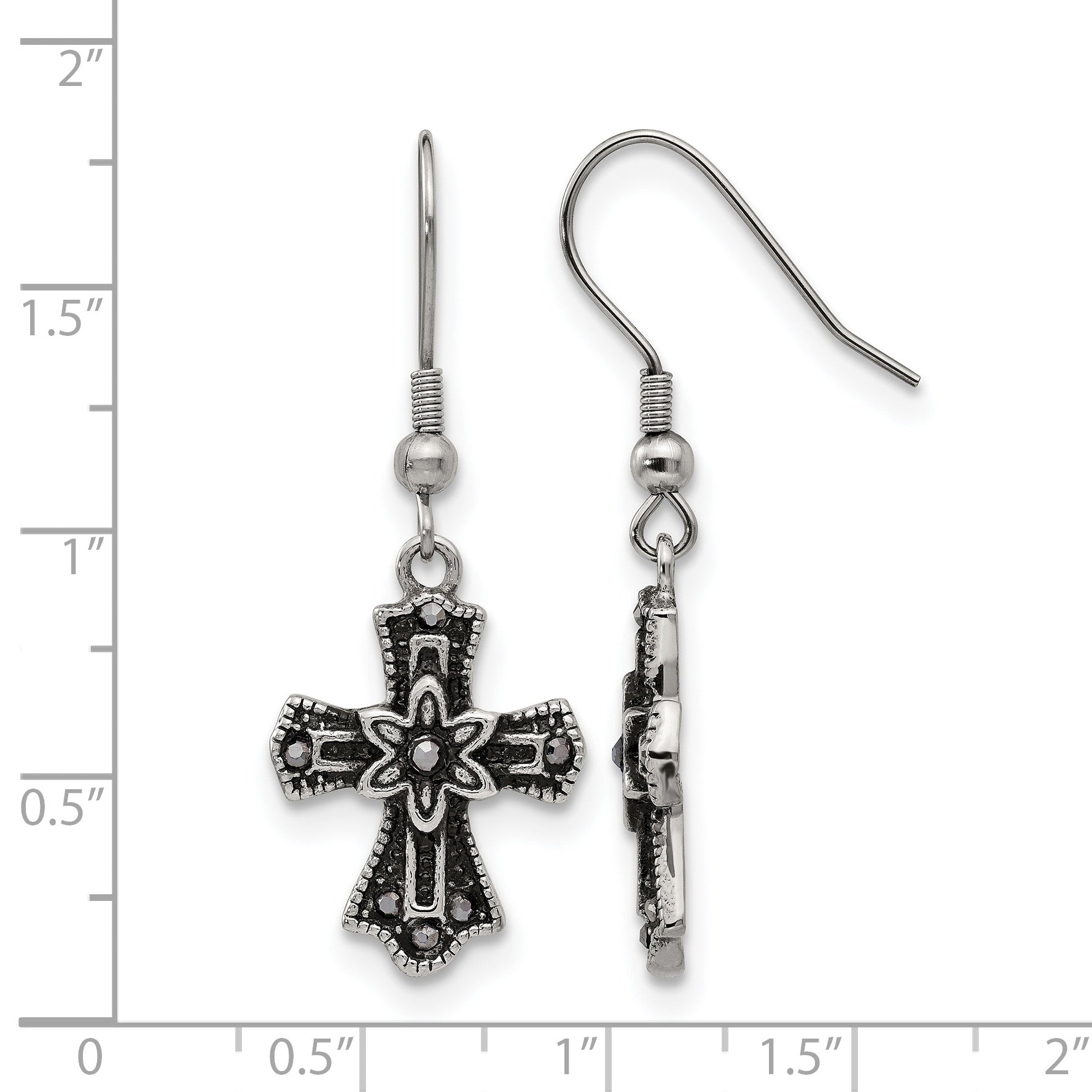 Stainless Steel Polished & Antiqued Cross Black Crystal Drop Dangle Earrings for Women
