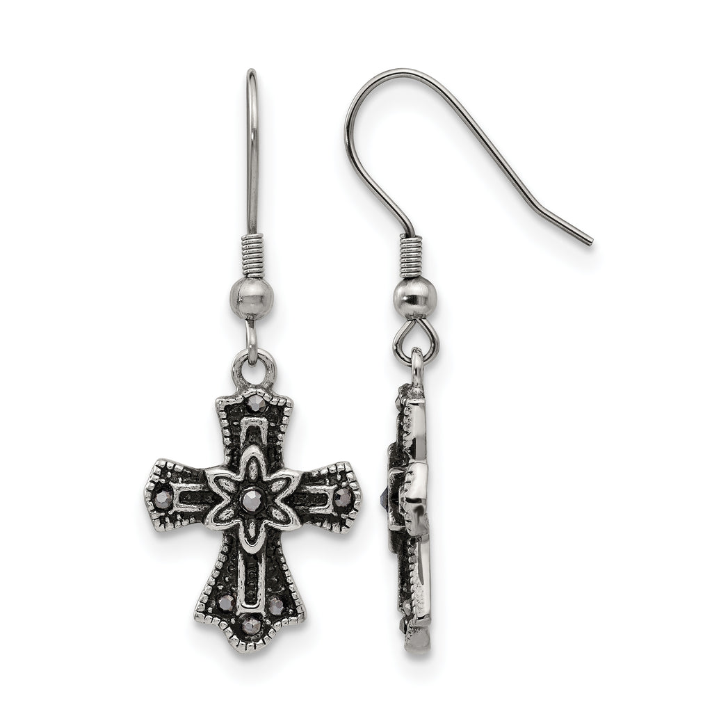 Stainless Steel Polished & Antiqued Cross Black Crystal Drop Dangle Earrings for Women