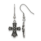 Stainless Steel Polished & Antiqued Cross Black Crystal Drop Dangle Earrings for Women