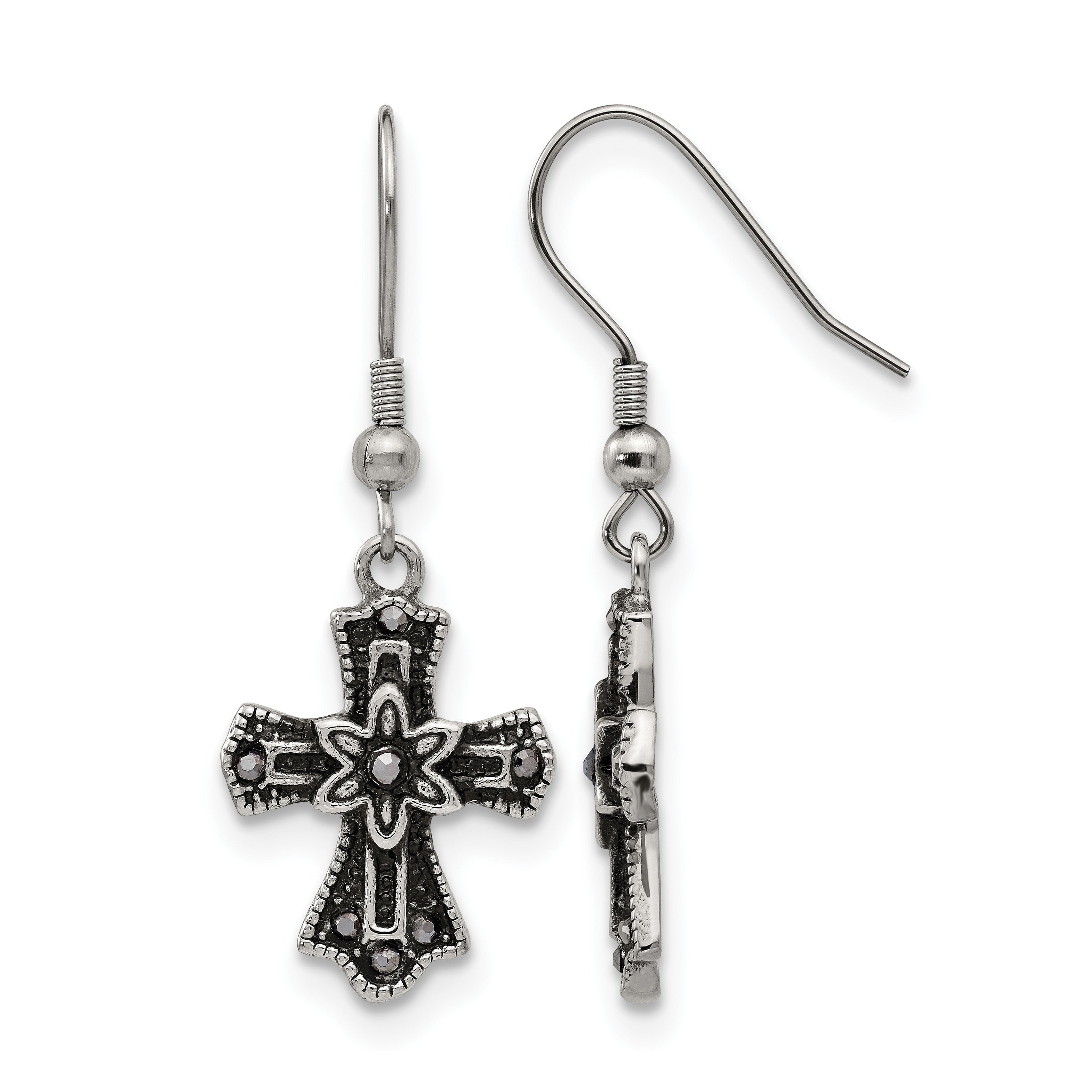 Stainless Steel Polished & Antiqued Cross Black Crystal Drop Dangle Earrings for Women