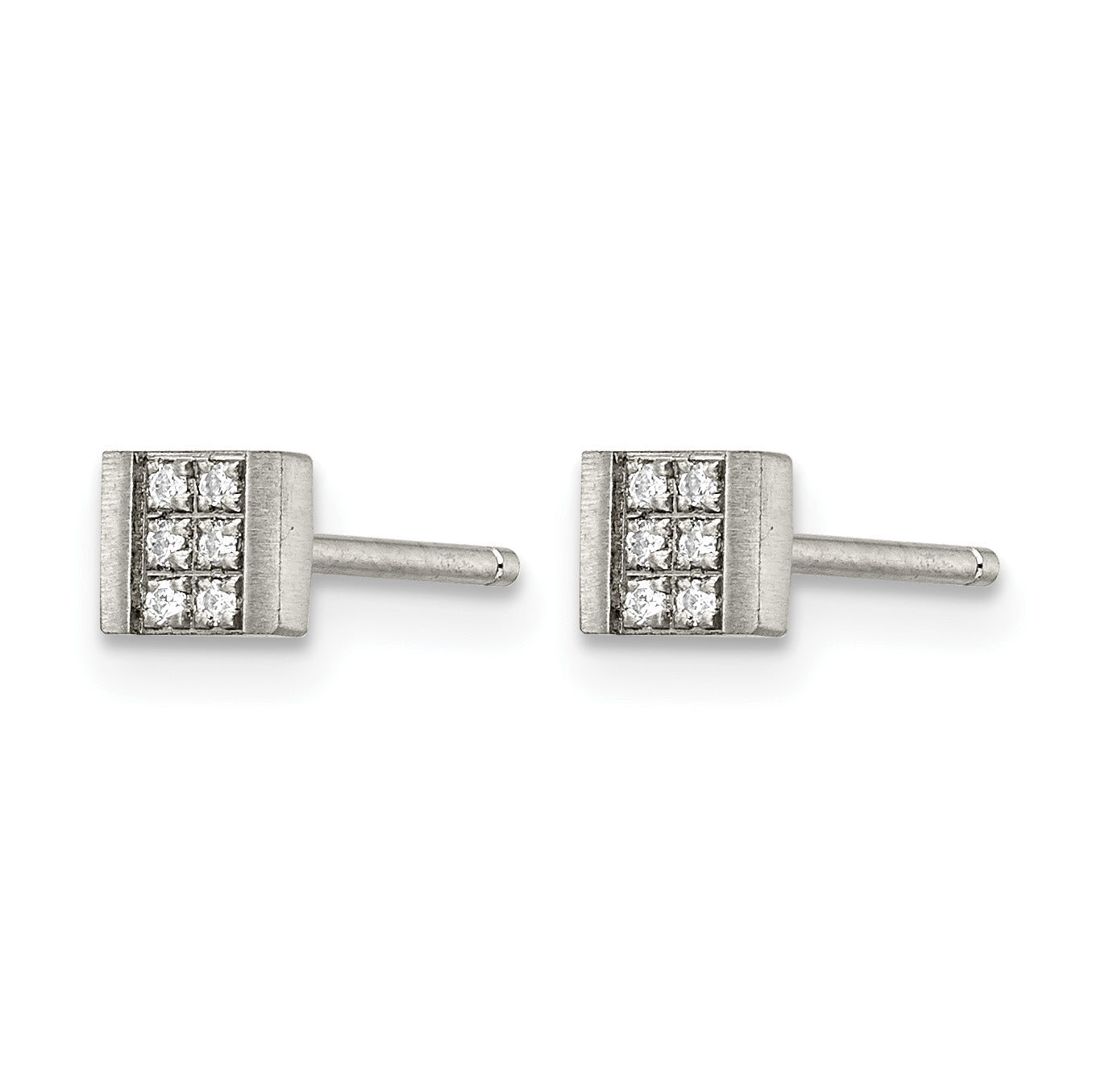 Stainless Steel Polished & Brushed Square Cubic Zirconia Cluster Button Earrings Secondary image