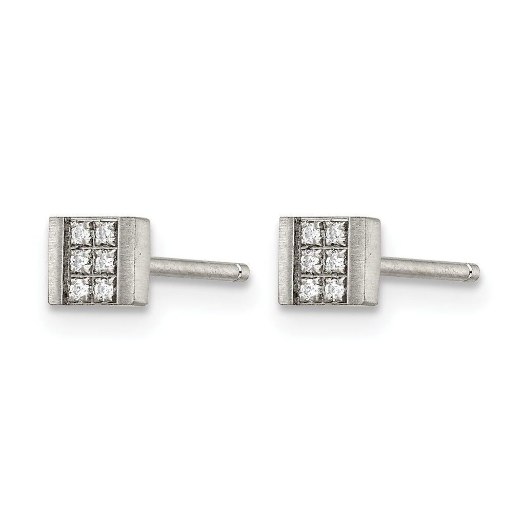 Stainless Steel Polished & Brushed Square Cubic Zirconia Cluster Button Earrings