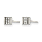 Stainless Steel Polished & Brushed Square Cubic Zirconia Cluster Button Earrings
