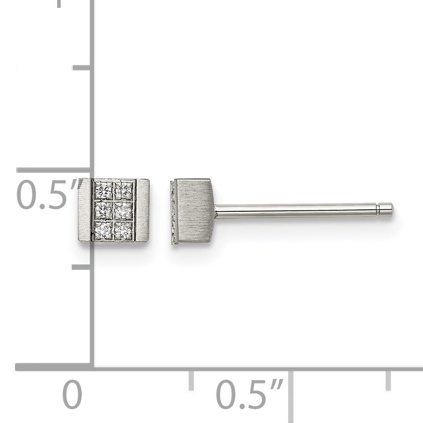 Stainless Steel Polished & Brushed Square Cubic Zirconia Cluster Button Earrings