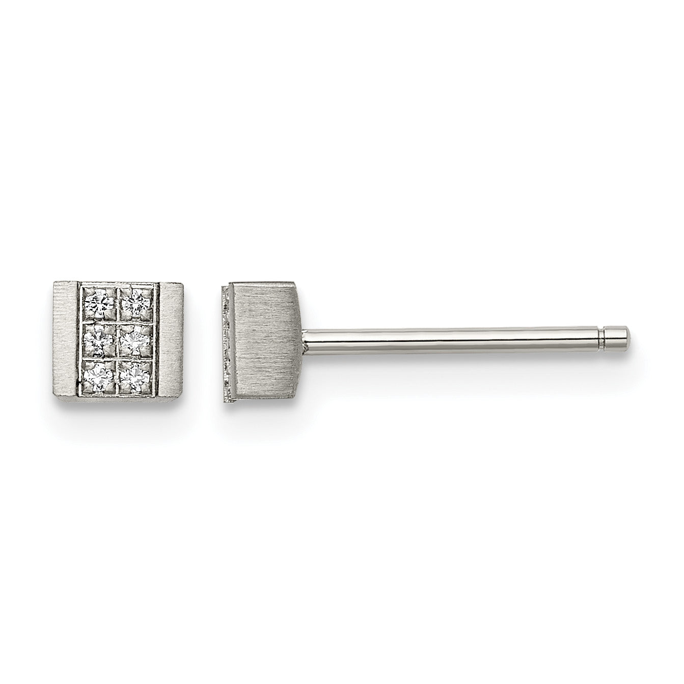 Stainless Steel Polished & Brushed Square Cubic Zirconia Cluster Button Earrings Main image
