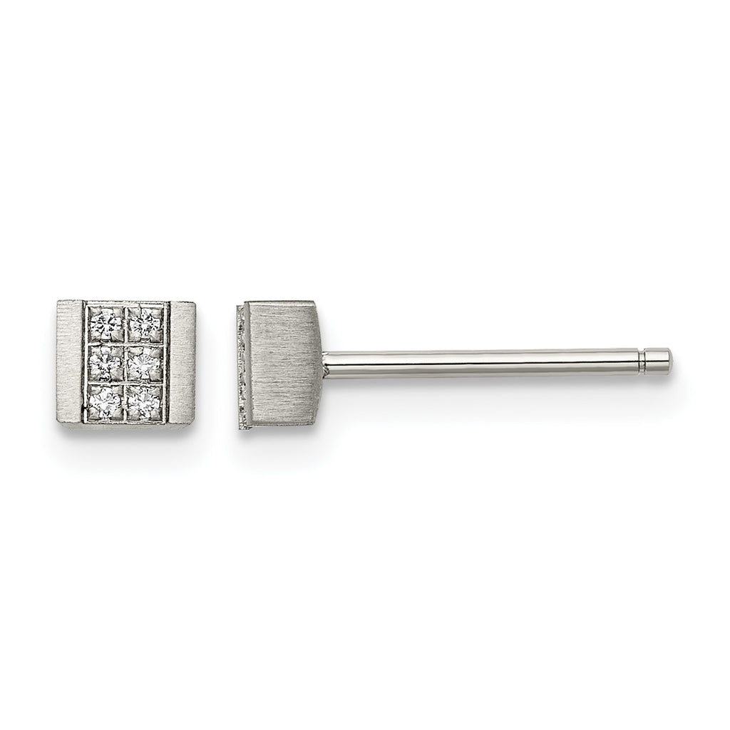 Stainless Steel Polished & Brushed Square Cubic Zirconia Cluster Button Earrings