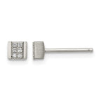 Stainless Steel Polished & Brushed Square Cubic Zirconia Cluster Button Earrings