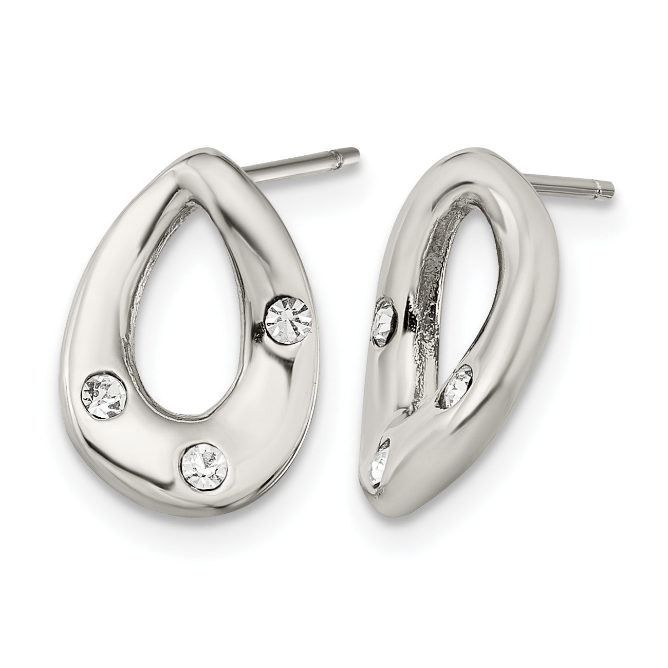 Stainless Steel Polished Teardrop Crystal Button Earrings for Women