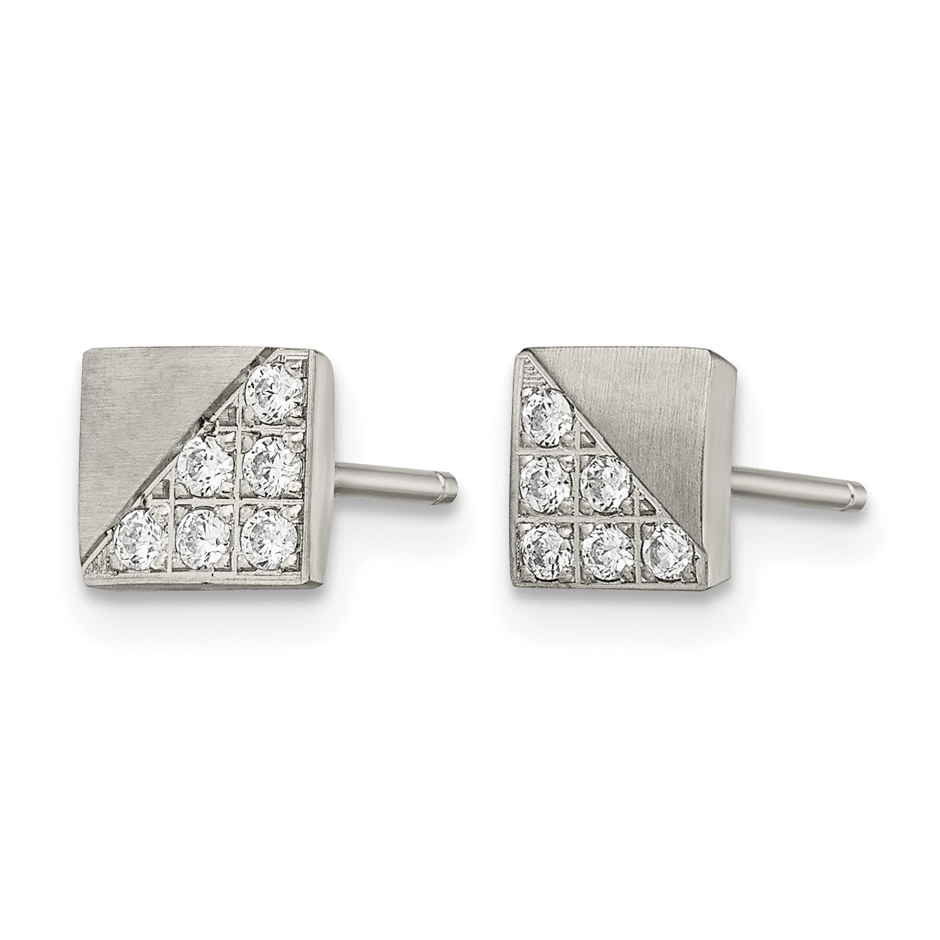 Stainless Steel Polished & Brushed Square Cubic Zirconia Cluster Button Earrings Secondary image