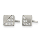 Stainless Steel Polished & Brushed Square Cubic Zirconia Cluster Button Earrings