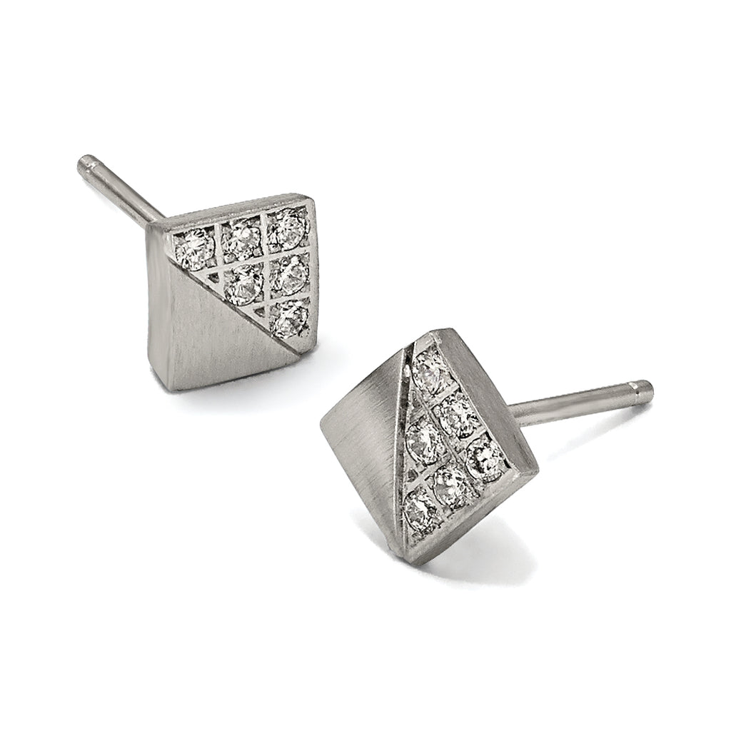 Stainless Steel Polished & Brushed Square Cubic Zirconia Cluster Button Earrings