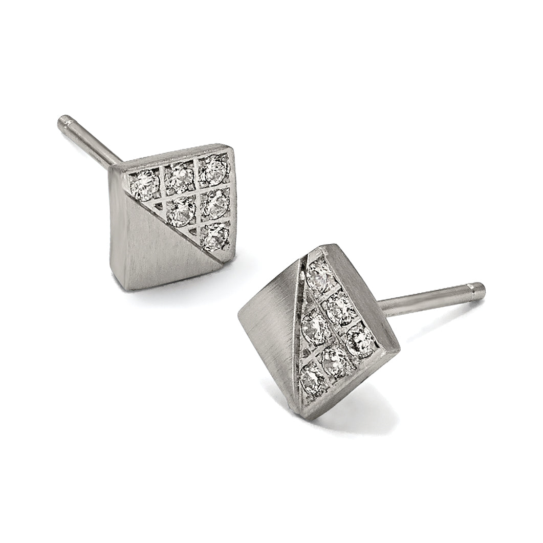 Stainless Steel Polished & Brushed Square Cubic Zirconia Cluster Button Earrings