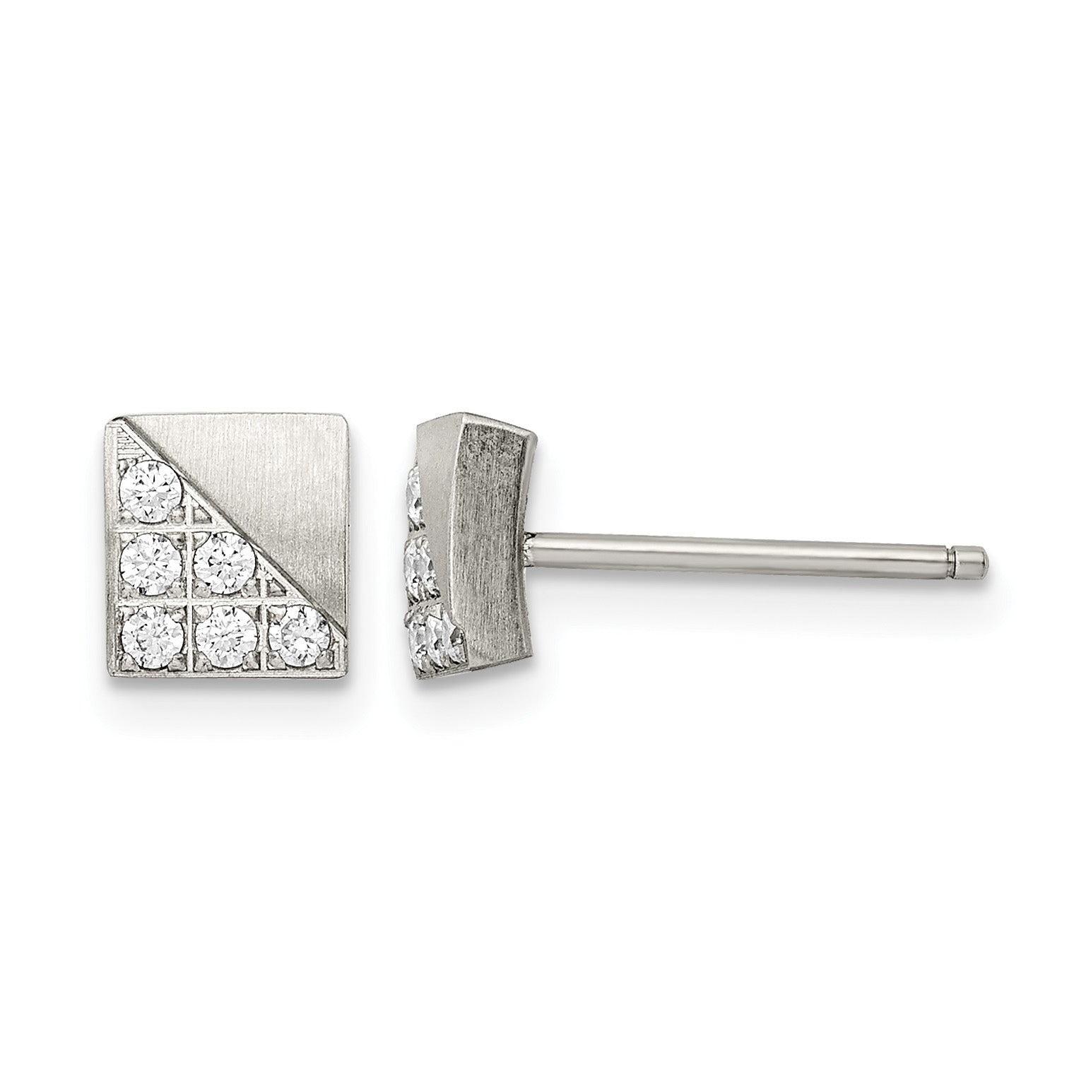 Stainless Steel Polished & Brushed Square Cubic Zirconia Cluster Button Earrings Main image
