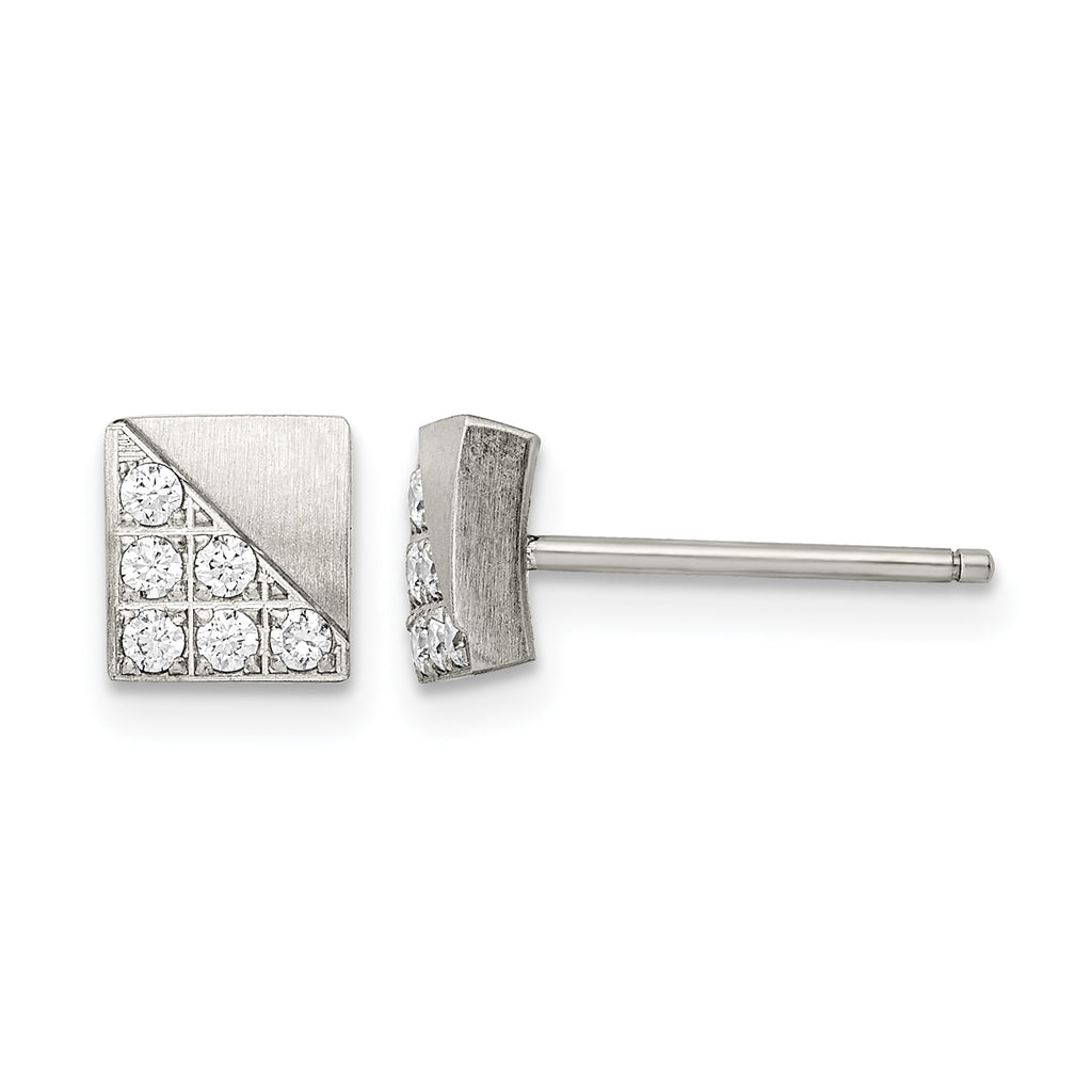 Stainless Steel Polished & Brushed Square Cubic Zirconia Cluster Button Earrings