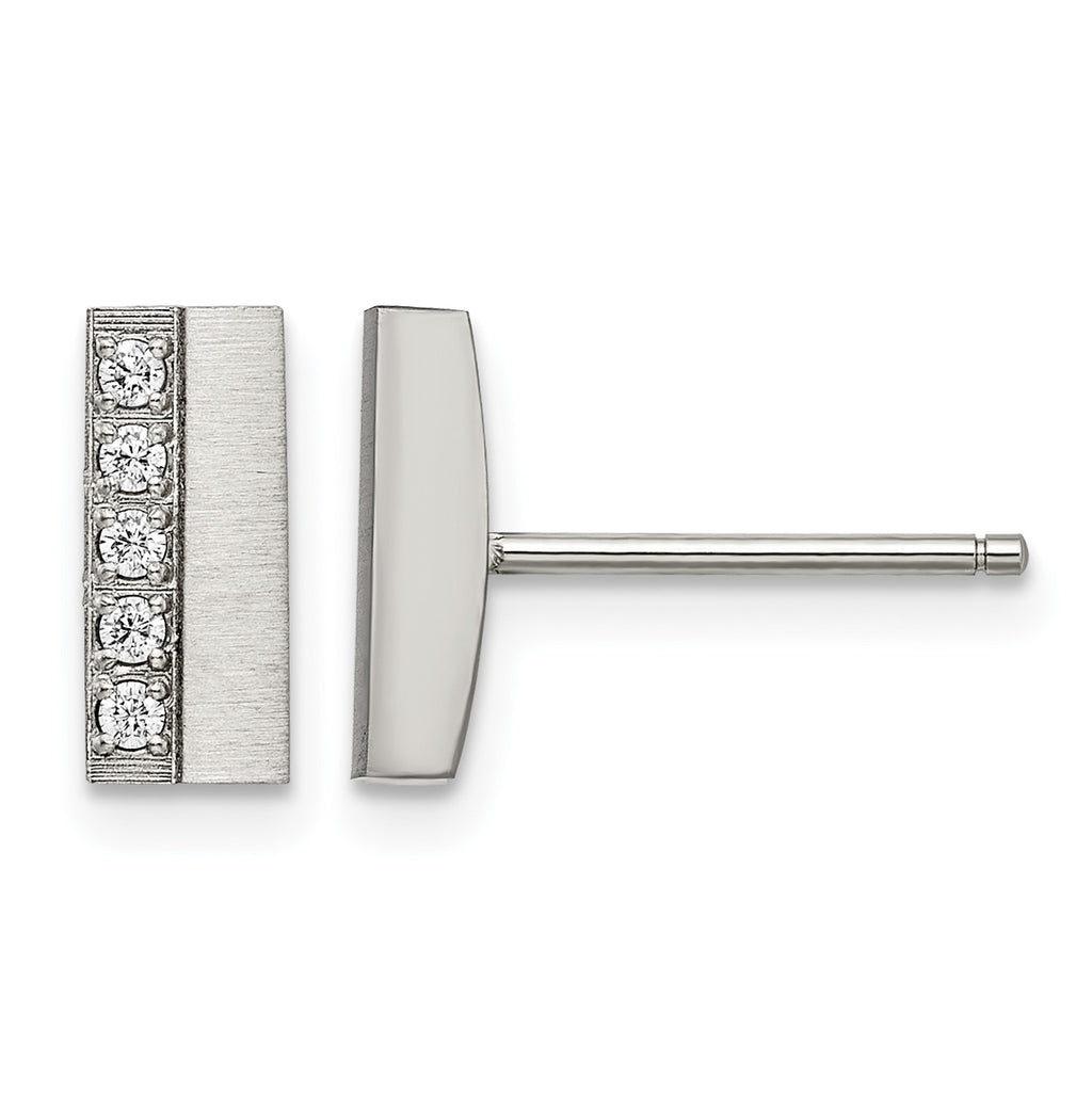 Stainless Steel Polished & Brushed Cubic Zirconia Cluster Button Earrings