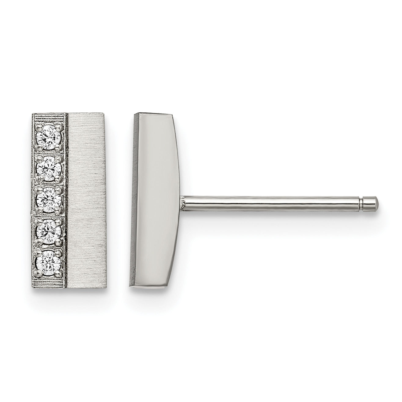 Stainless Steel Polished & Brushed Cubic Zirconia Cluster Button Earrings