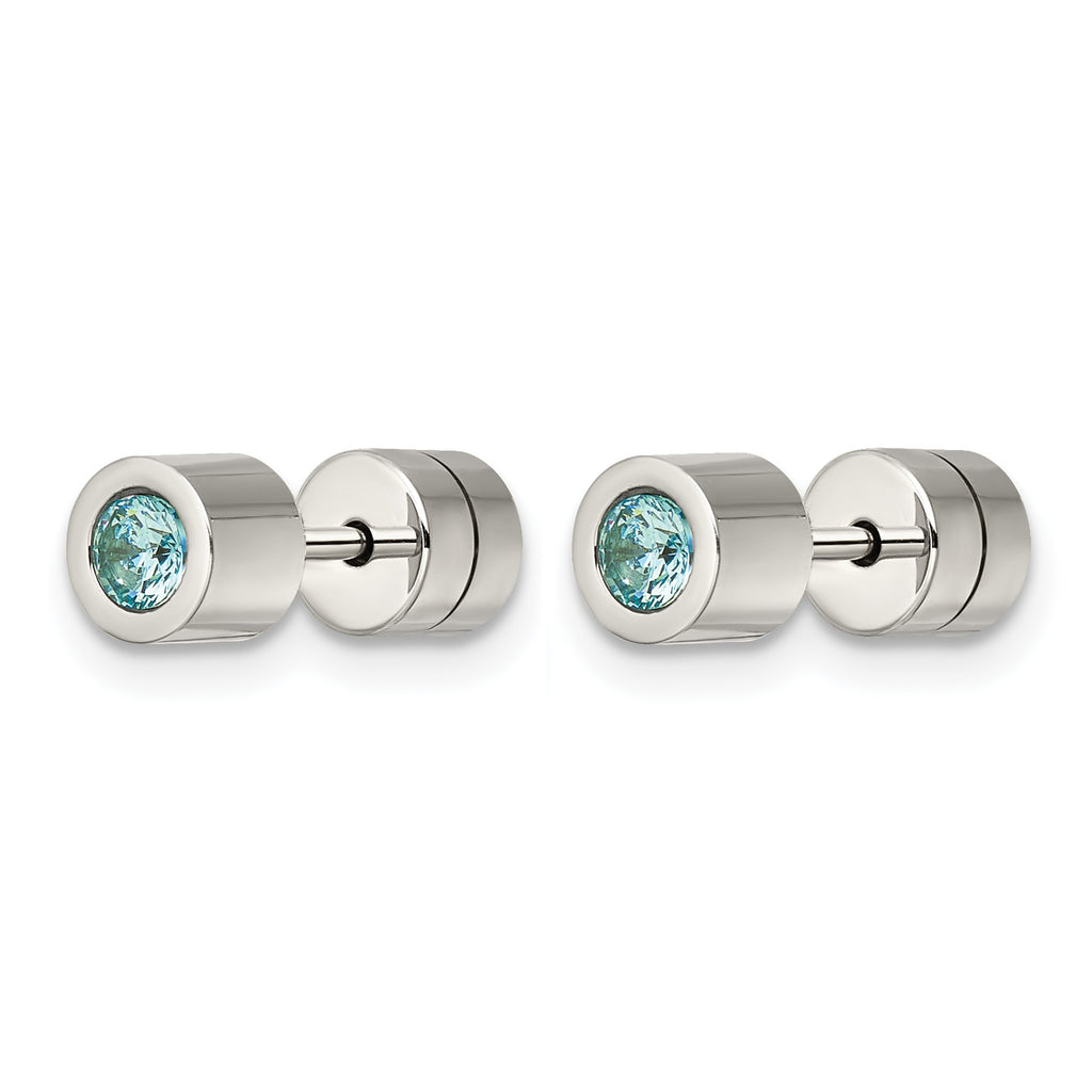 Stainless Steel Polished Blue Cubic Zirconia Birthstone Stud Earrings for Women