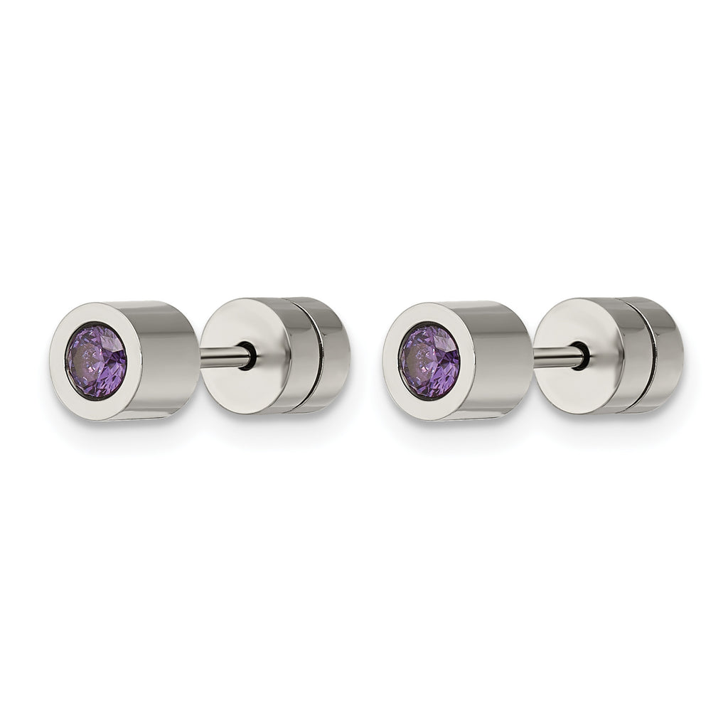 Stainless Steel Polished Purple Cubic Zirconia Birthstone Stud Earrings for Women