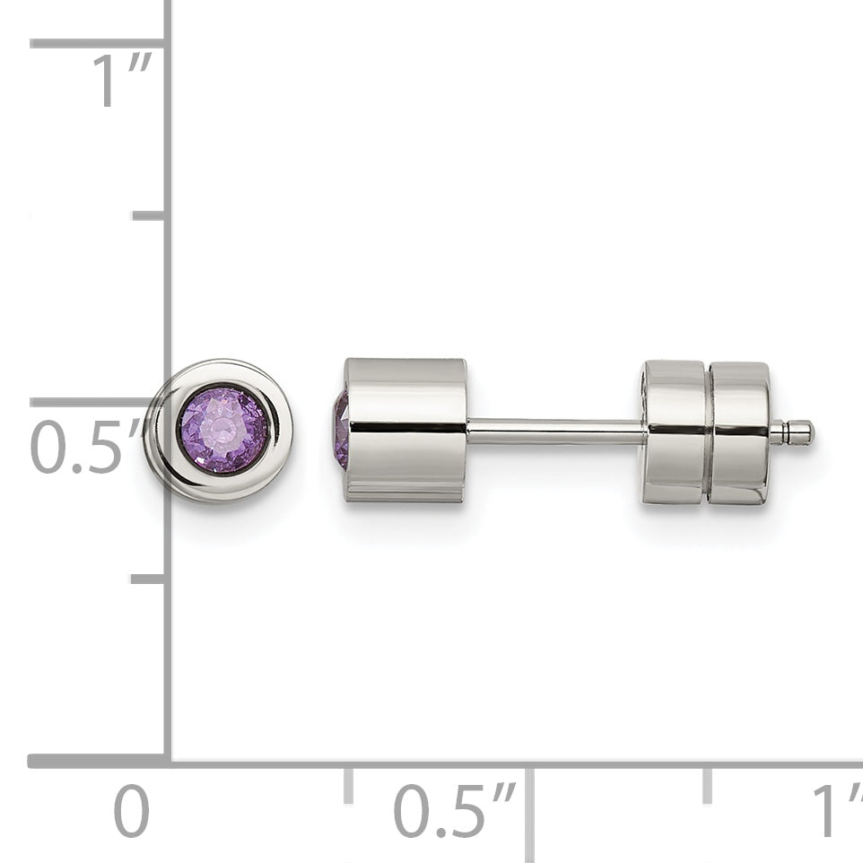 Stainless Steel Polished Purple Cubic Zirconia Birthstone Stud Earrings for Women