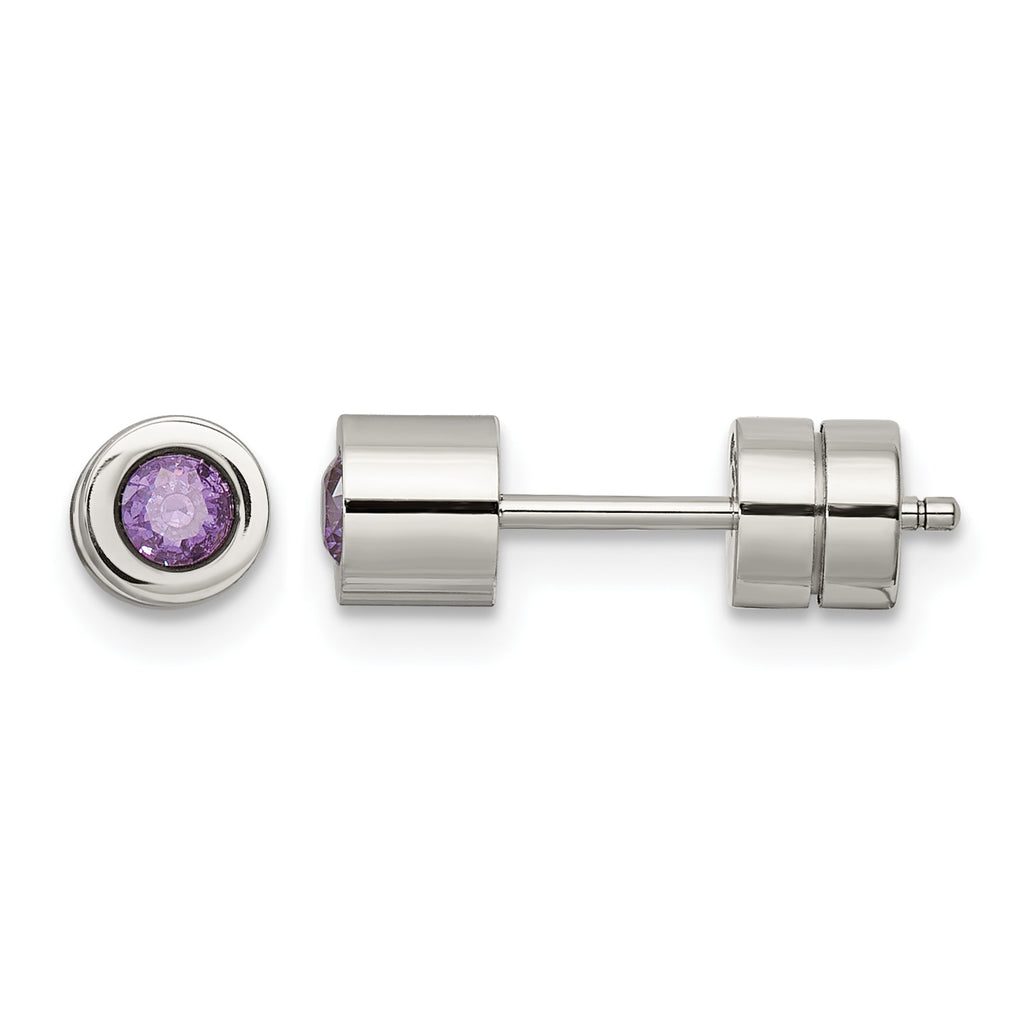 Stainless Steel Polished Purple Cubic Zirconia Birthstone Stud Earrings for Women
