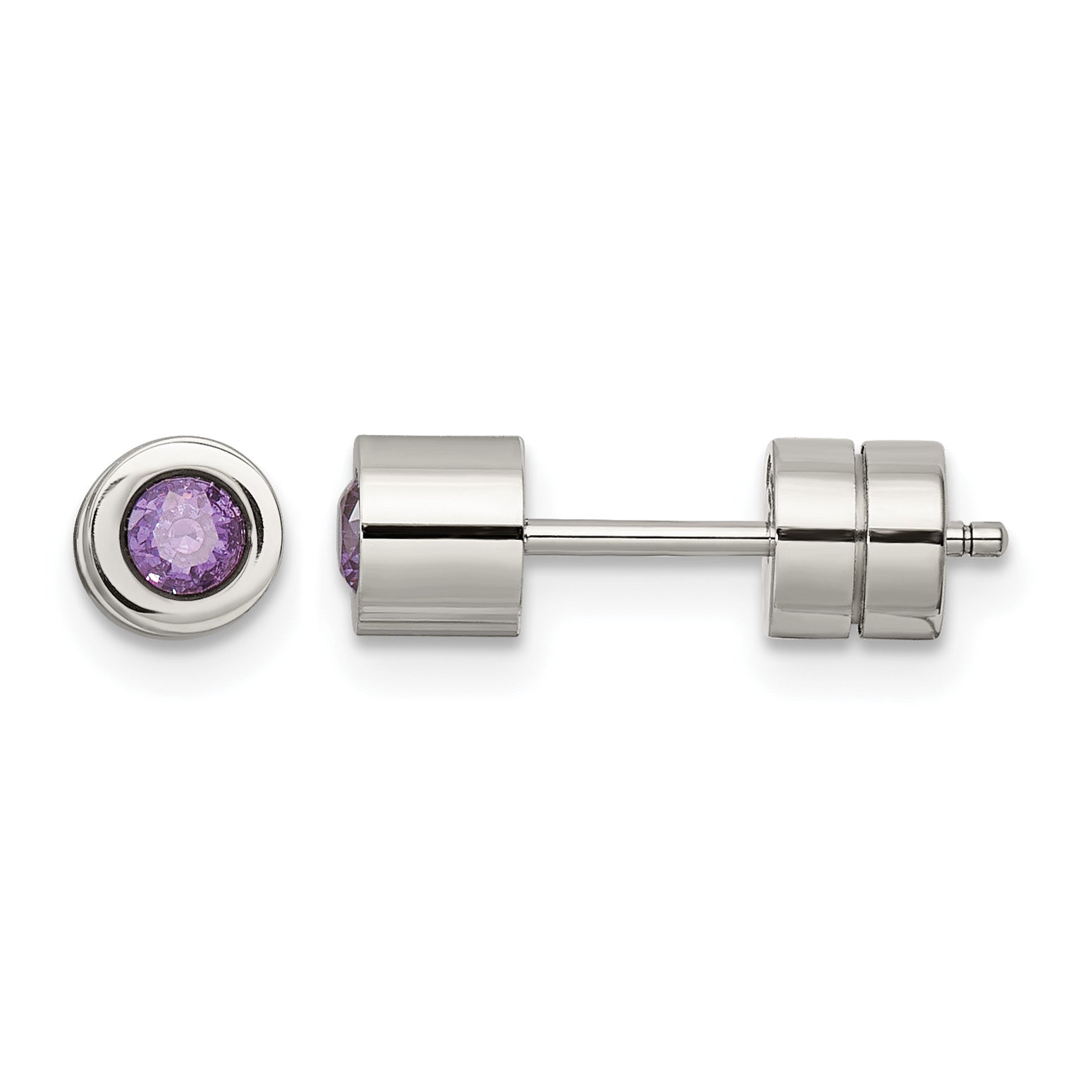 Stainless Steel Polished Purple Cubic Zirconia Birthstone Stud Earrings for Women