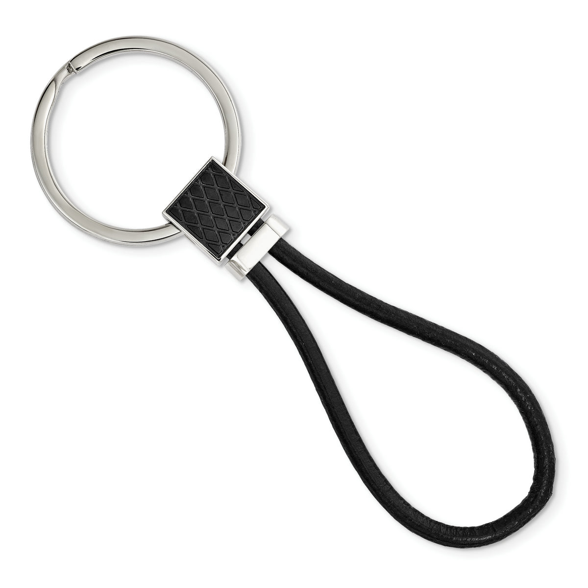 Chisel Stainless Steel Polished Black IP-plated and Black Leather Key Ring