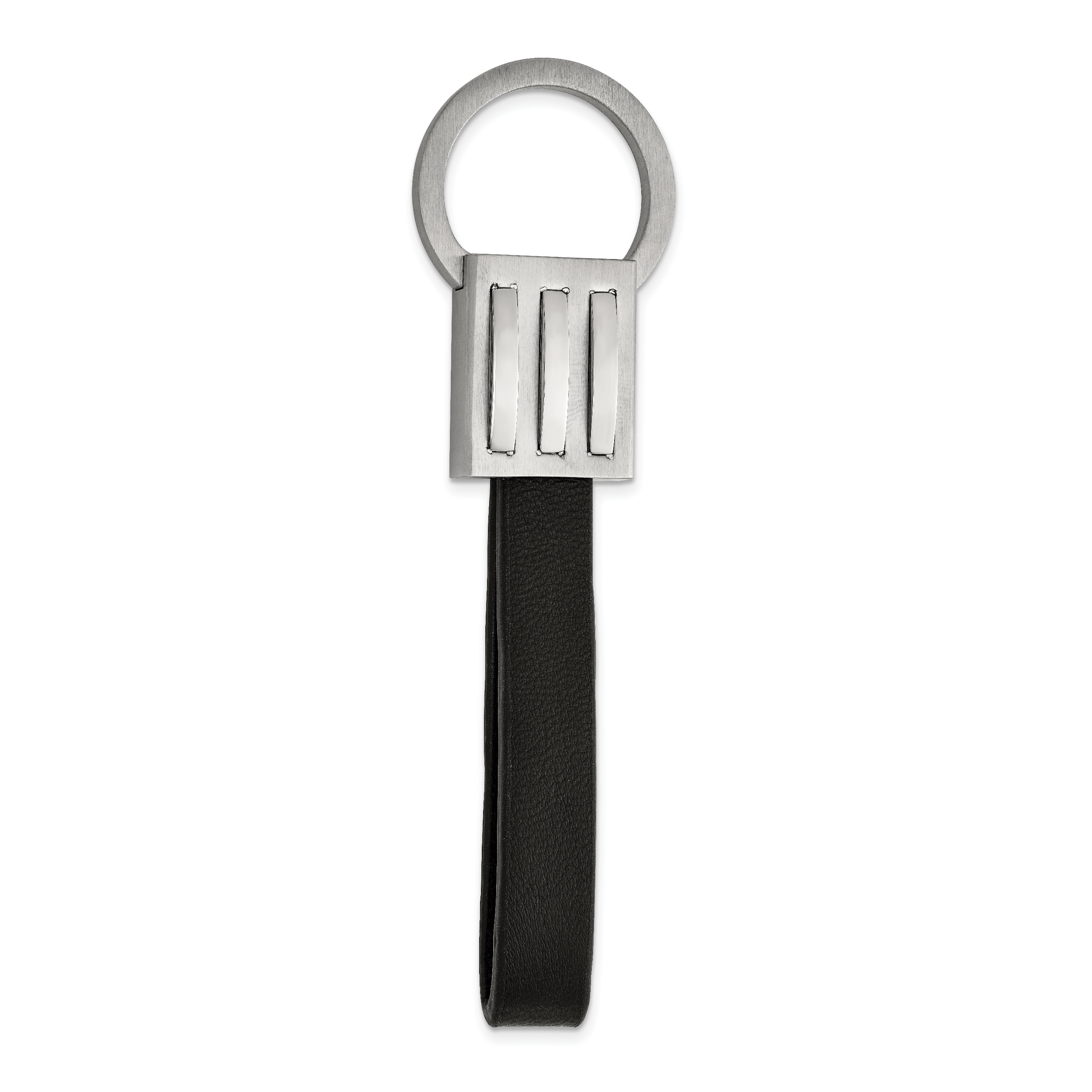 Stainless Steel Brushed and Polished Black Leather Key Ring Main image